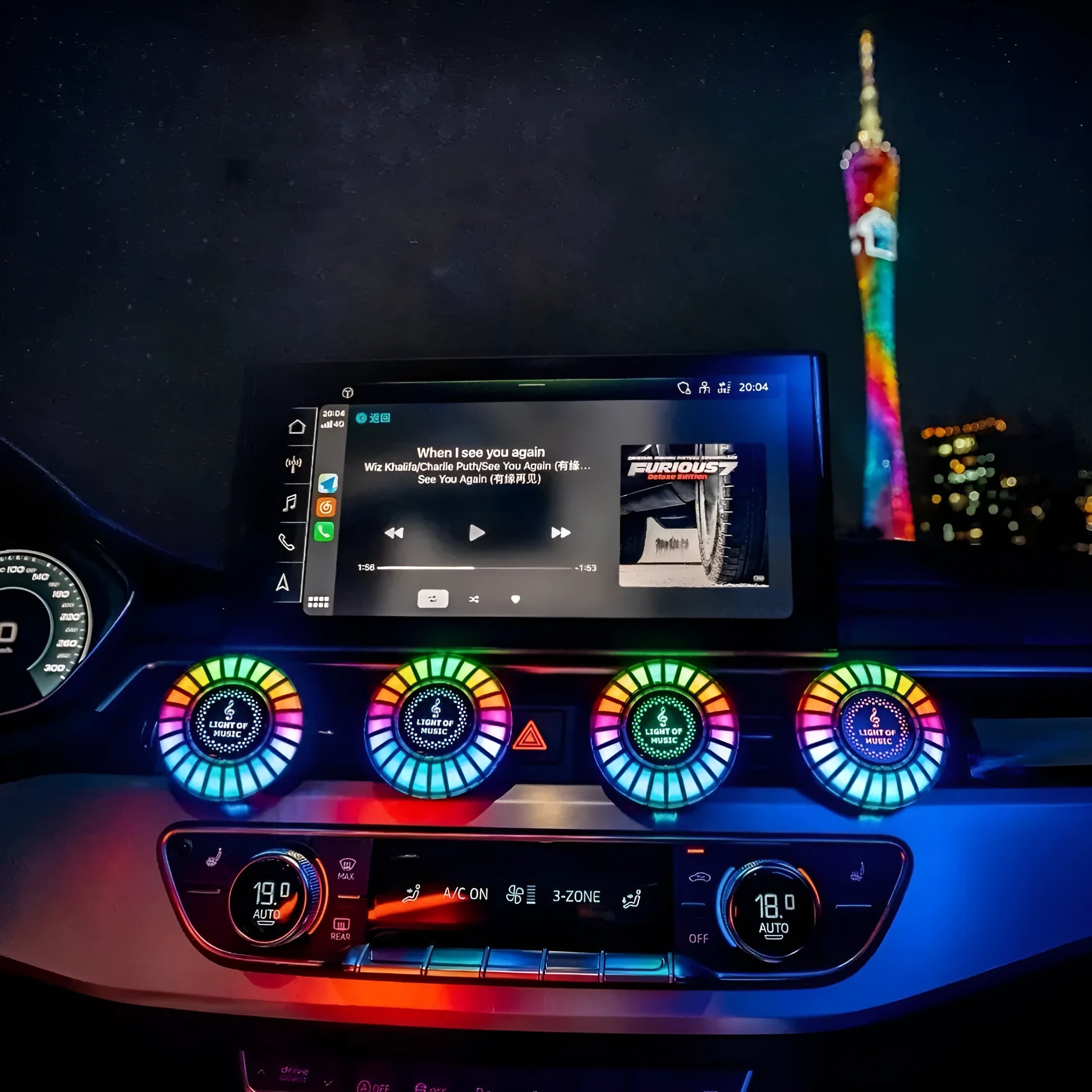 RGB voice-controlled car air vent aromatherapy light with odour removal function.