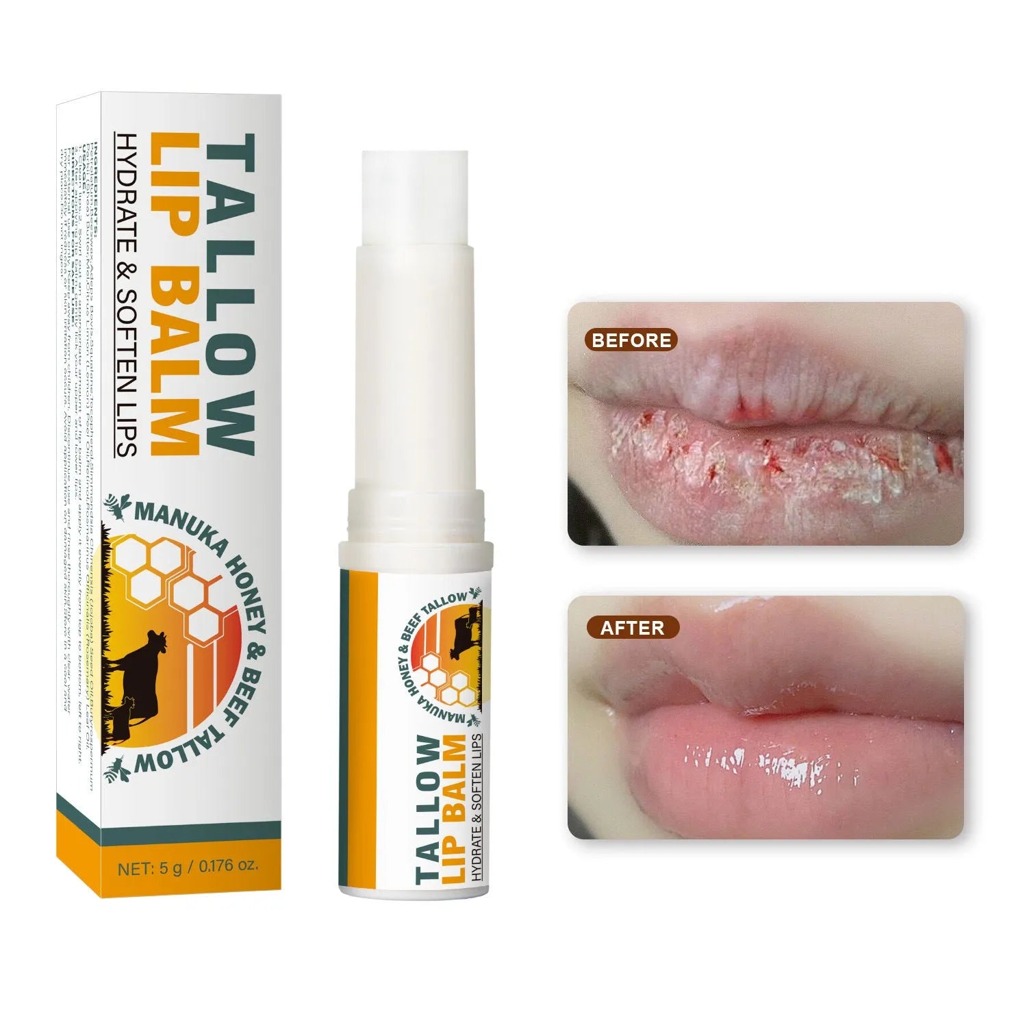 Tallow lip balm stick in a case measuring 83mm tall with product code FP B021