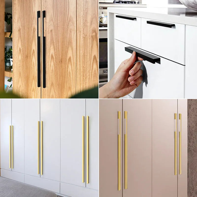 Gold aluminium T-shaped cabinet handle showing three hole distance size options