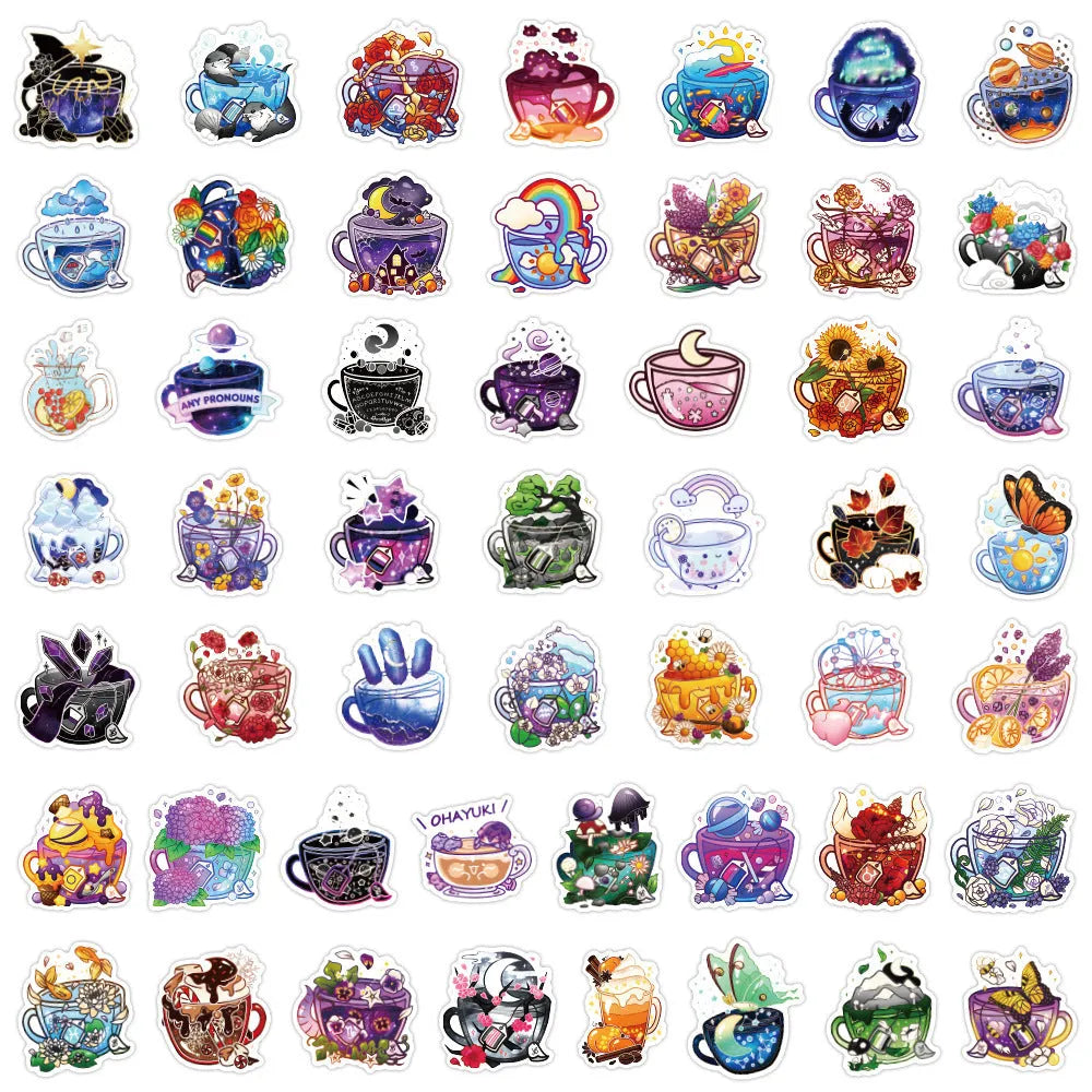 Colourful tea cup design waterproof stickers in Nordic style, set of 50 pieces for luggage and scooter decoration.