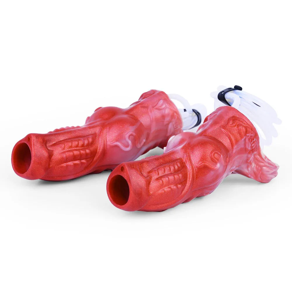Water spray silicone exotic condom toy set with syringe and airbag components in M and L sizes.