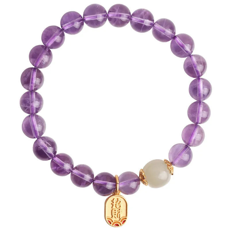 A women's bracelet with purple 8mm amethyst crystal beads arranged in a geometric, national style design.