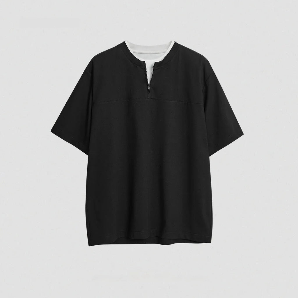 Women's loose zip false two-piece patchwork top in cotton blend fabric solid colours