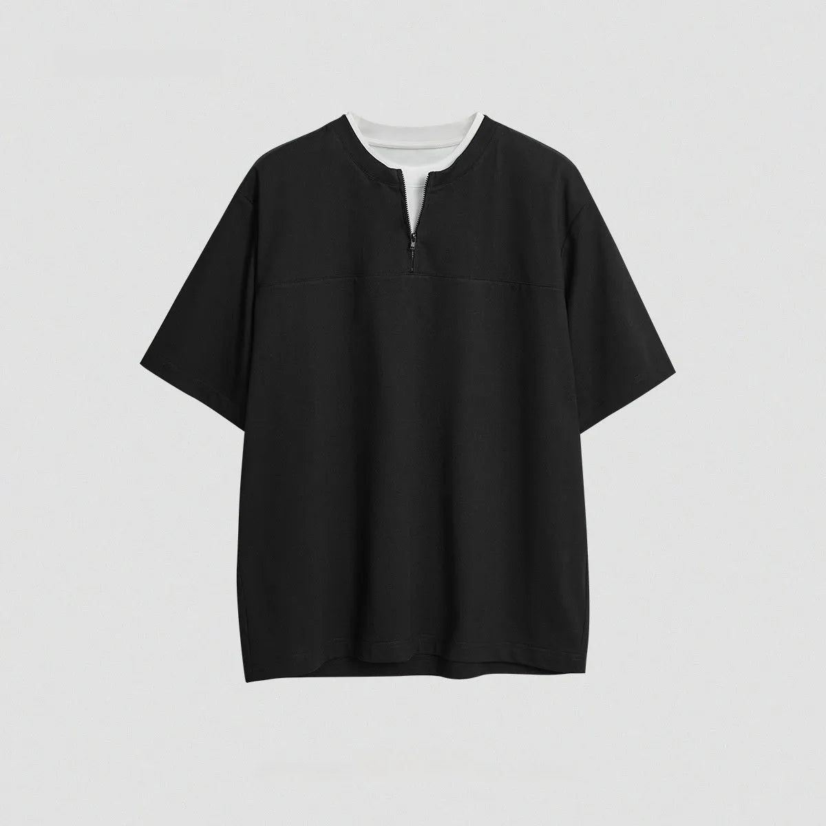 Women's loose zip false two-piece patchwork top in cotton blend fabric solid colours