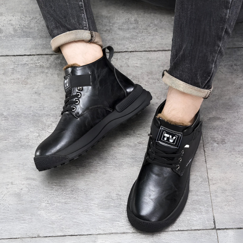 Men's black high-top platform Martin Boots with velvet-like PU upper and rubber sole