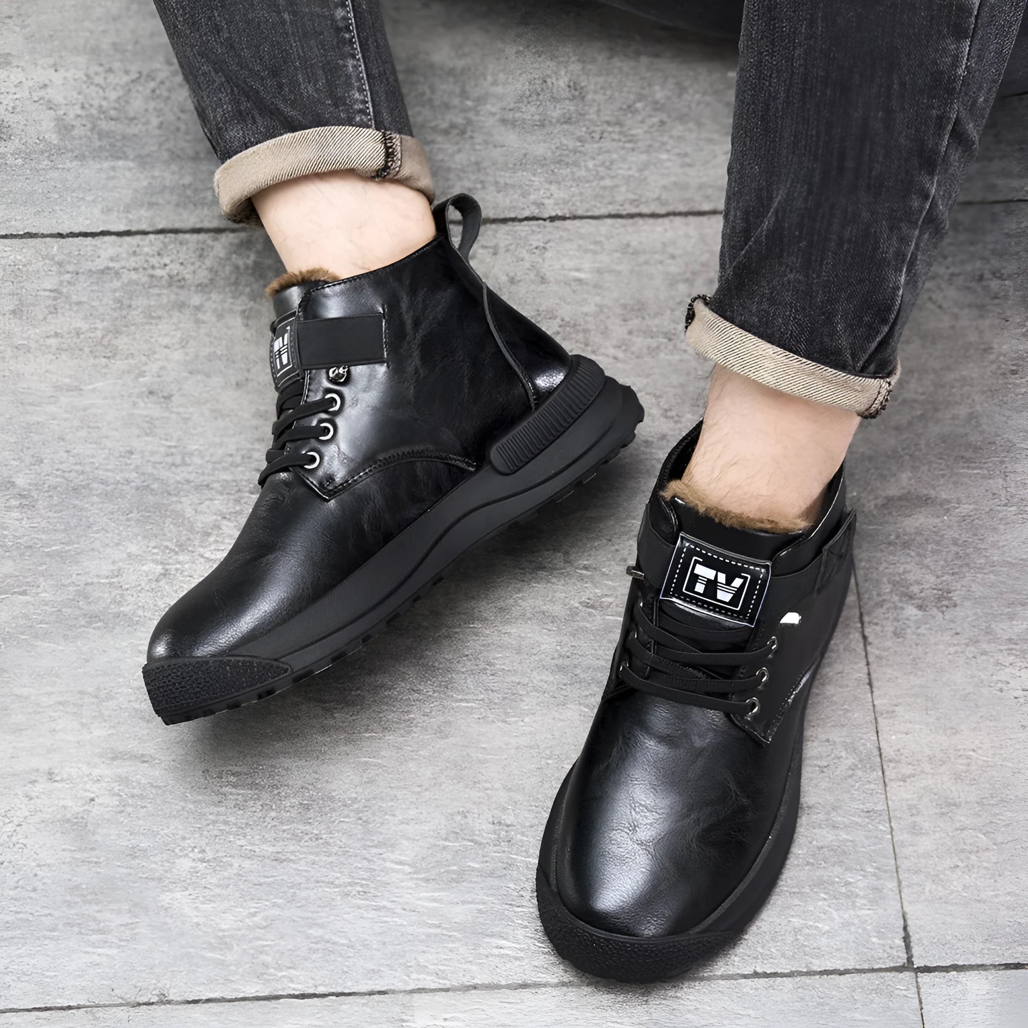 Men's black high-top platform Martin Boots with velvet-like PU upper and rubber sole