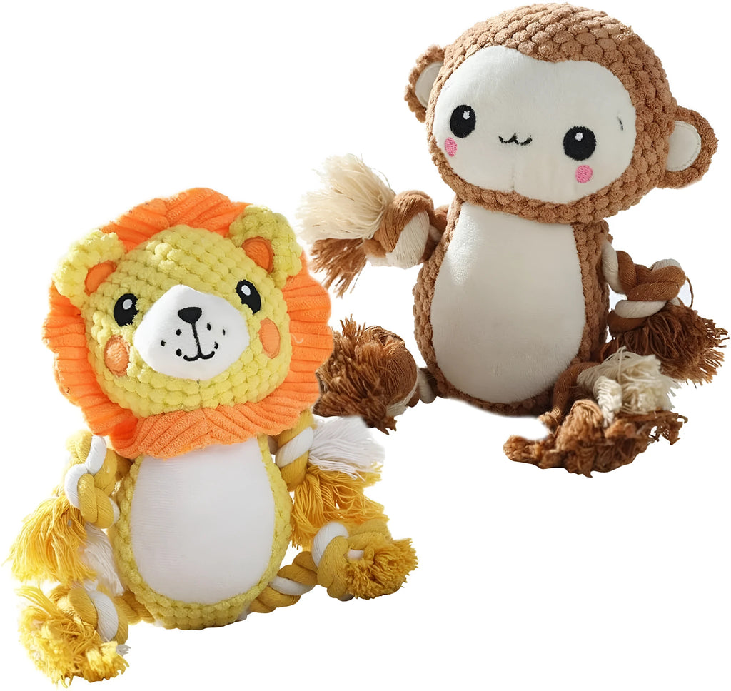 Lion and monkey plush squeaky dog toys bundle for medium to large dogs