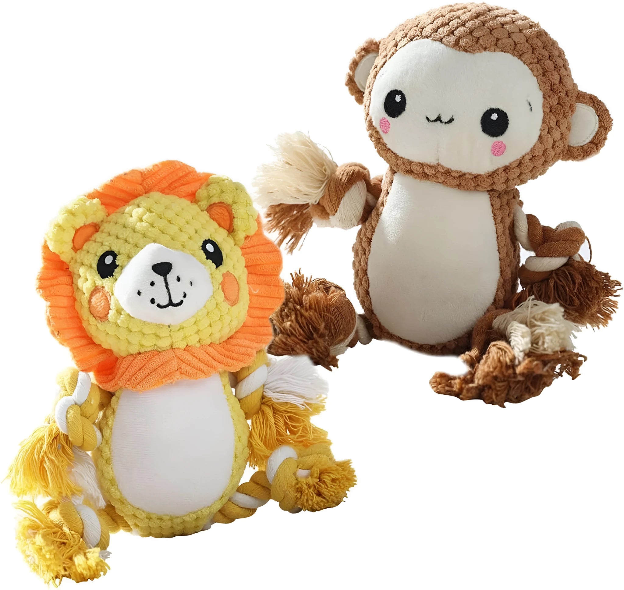 Lion and monkey plush squeaky dog toys bundle for medium to large dogs
