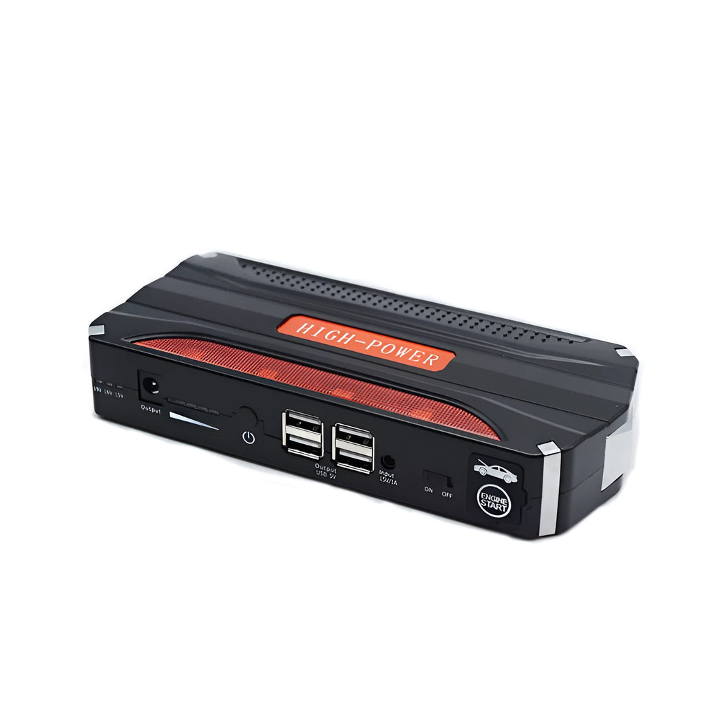 Black red 12V vehicle emergency starting power supply with 7800mAh capacity showing compact dimensions