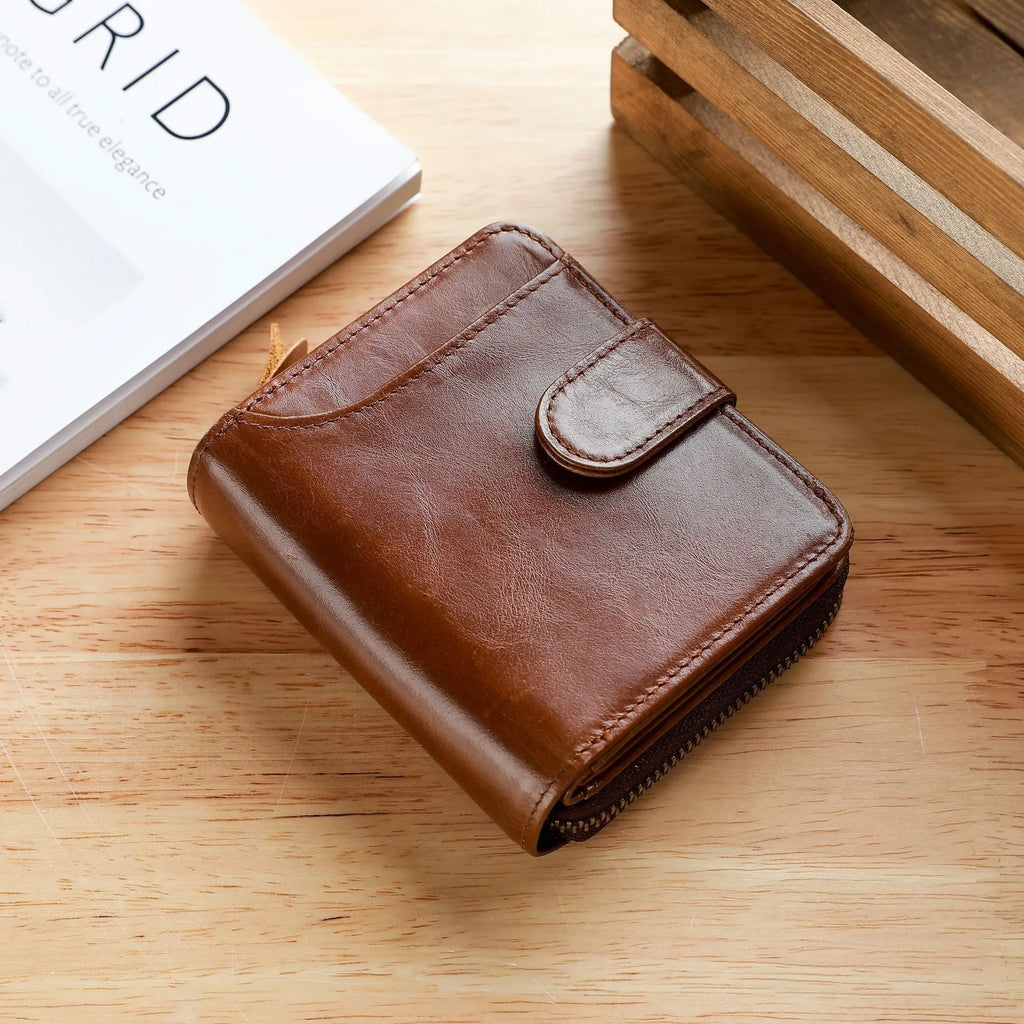 Genuine leather men's short wallet with multiple card slots in black colour