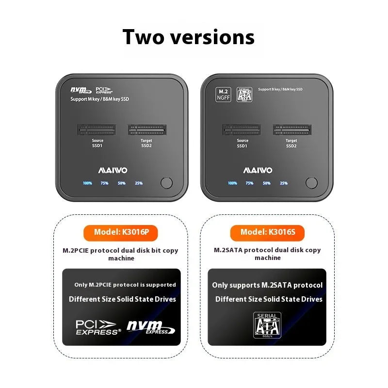 MAIWO K3016 M.2 SSD hard disk copier dock with cables and power adapter for SATA and NVMe drives.
