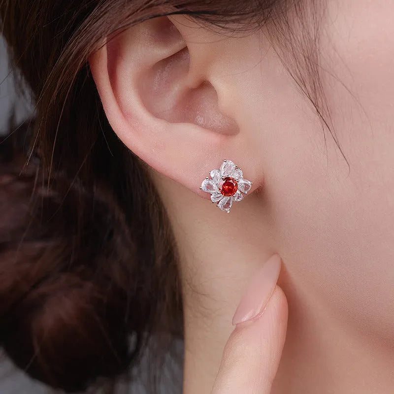 Retro women's silver earrings with pigeon red geometric design and white gold electroplated finish