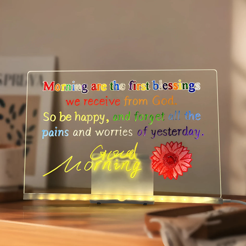 Transparent acrylic reusable LED drawing board with USB light and adjustable stand, showing rainbow drawing