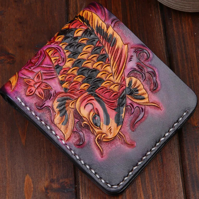Men's hand-carved red cow leather short wallet showing open design and textured surface.