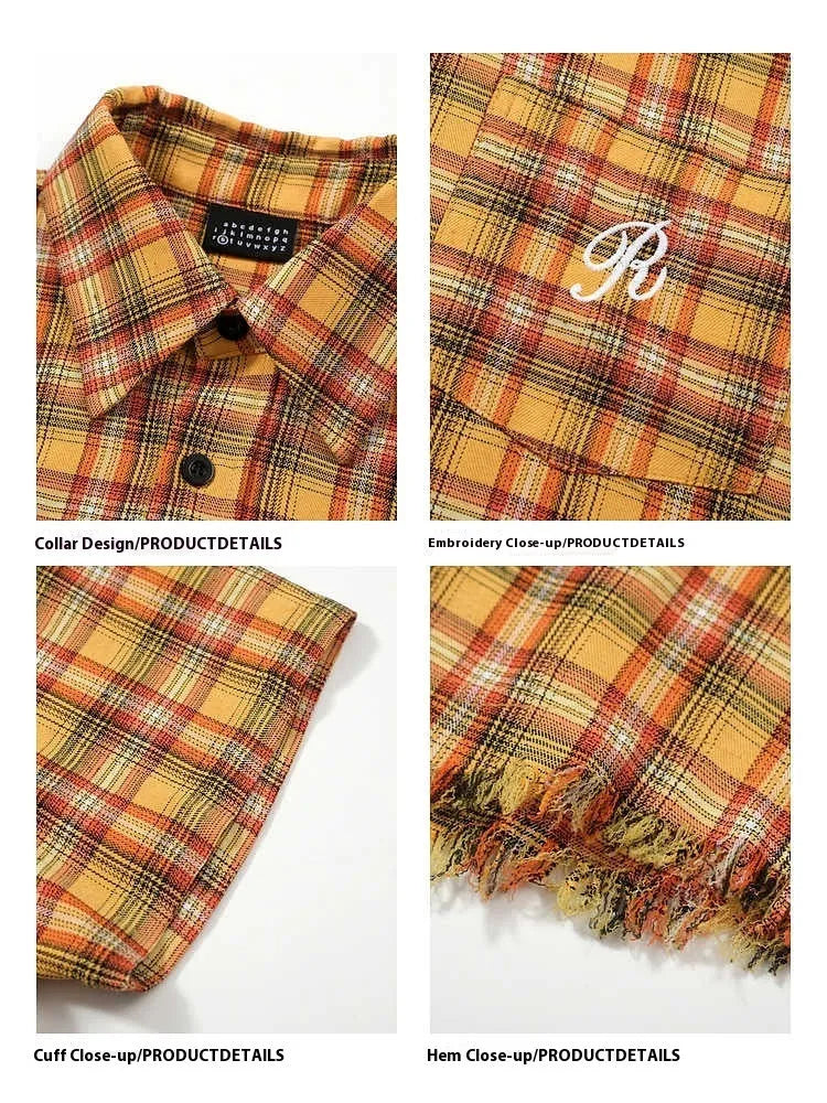 Yellow plaid short sleeve shirt with embroidered pocket for men and women
