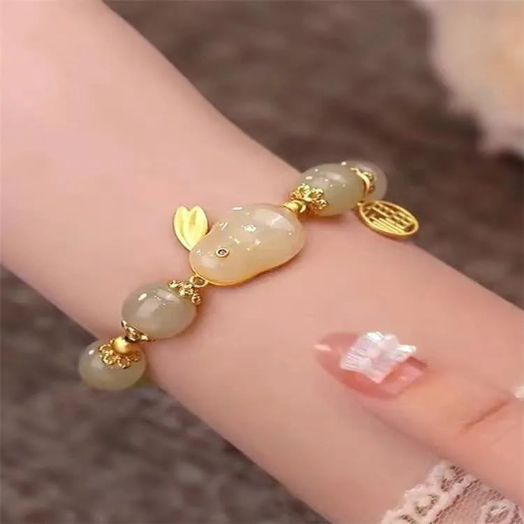 Green jade hare bracelet for women with electroplated finish and Chinese style animal design