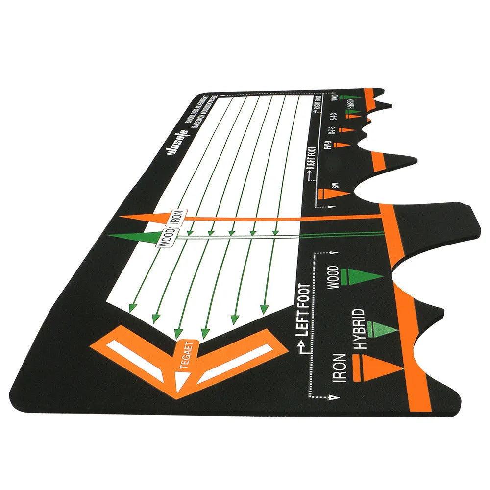Black neoprene golf swing stance training pad on a green surface.