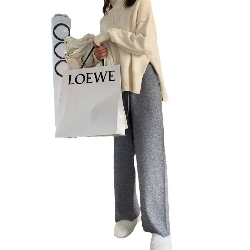 Women's high waist knitted wide-leg trousers in cream white with straight-leg cut