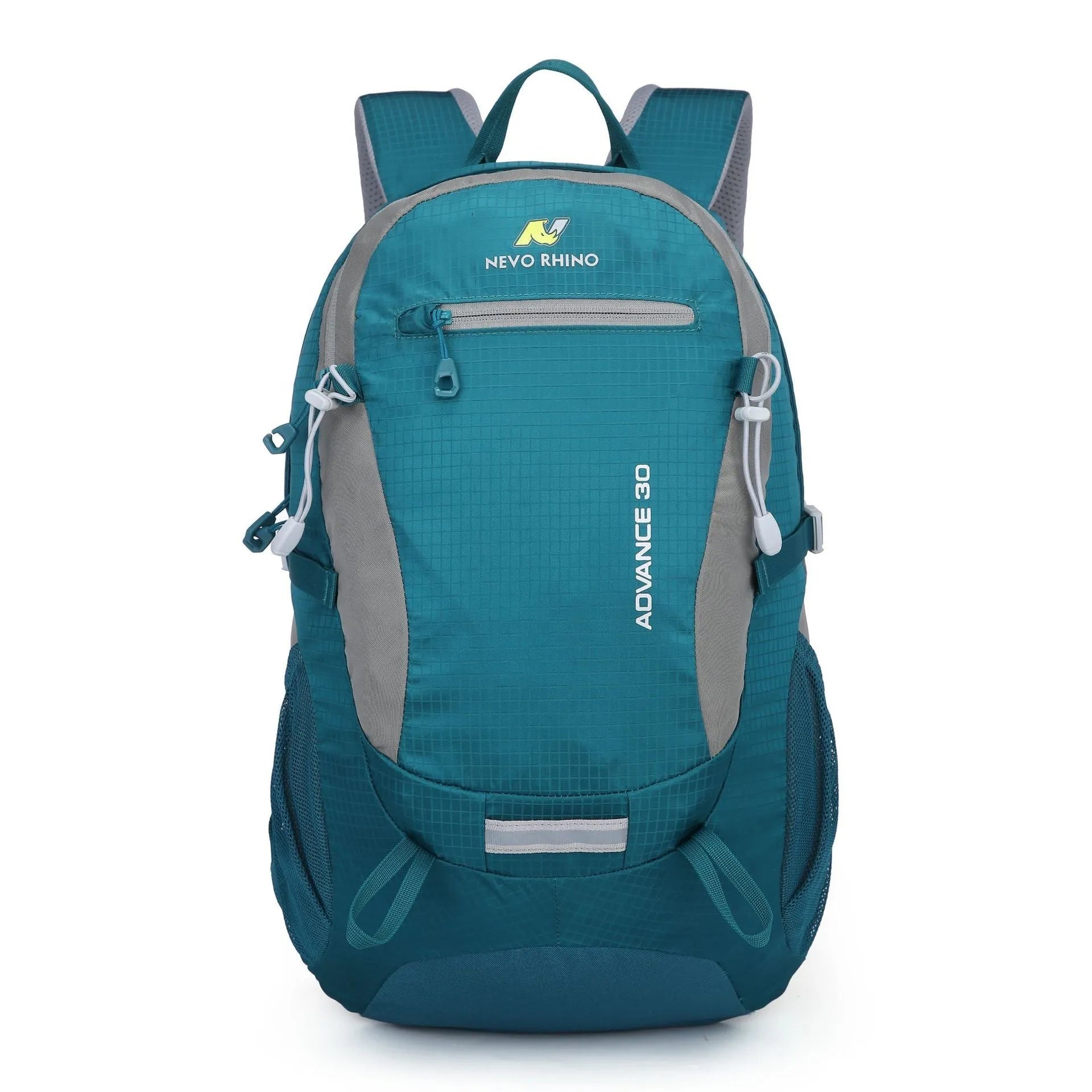 30 litre nylon waterproof backpack in dark green with airpillow straps, shown from the back.