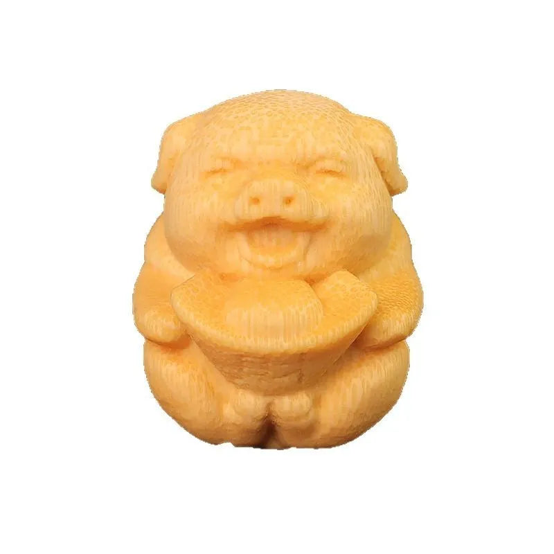 Solid bamboo pig carving ornament measuring 4cm height with 3.5cm diameter ingot shape