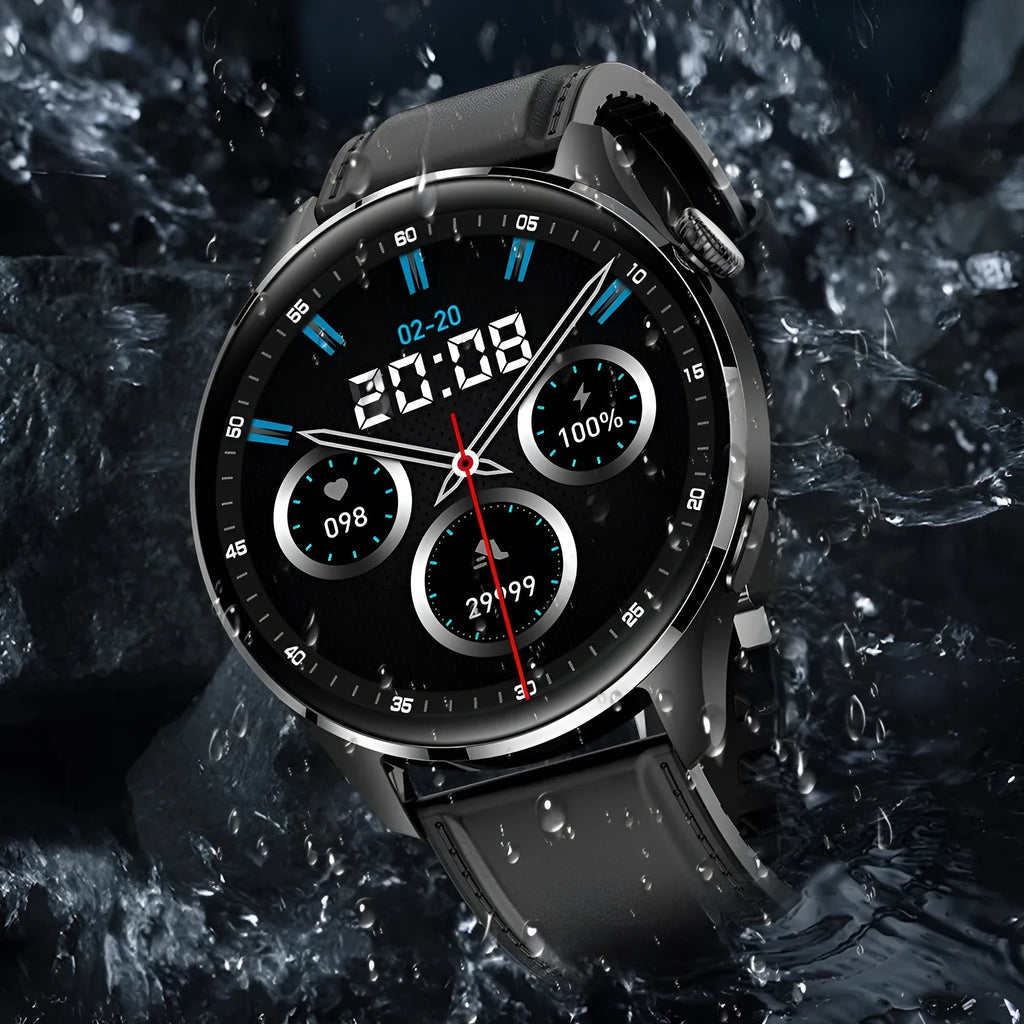 Smartwatch with round IPS screen on a black silicone strap, showing Bluetooth calling and access control interface.