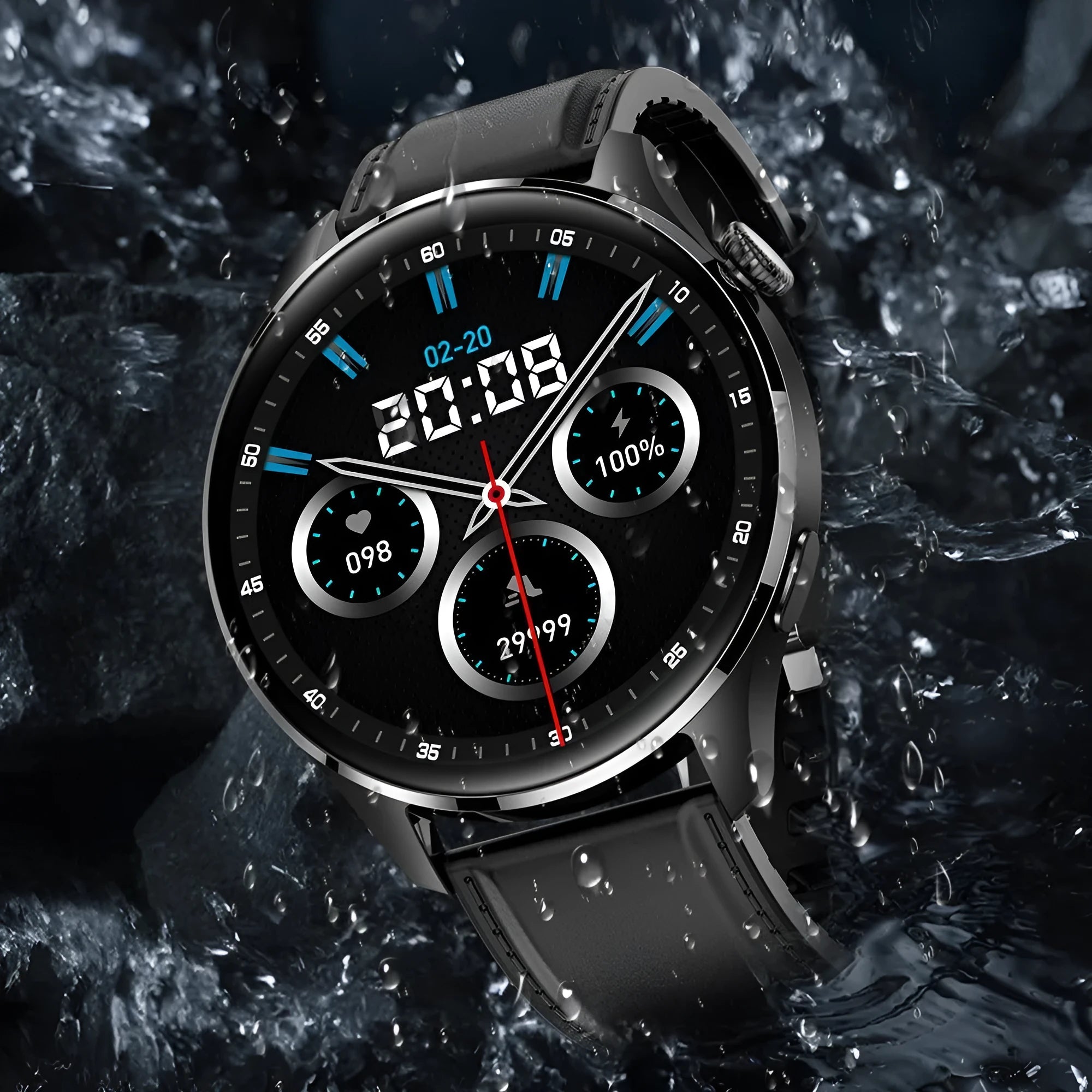 Smartwatch with round IPS screen on a black silicone strap, showing Bluetooth calling and access control interface.