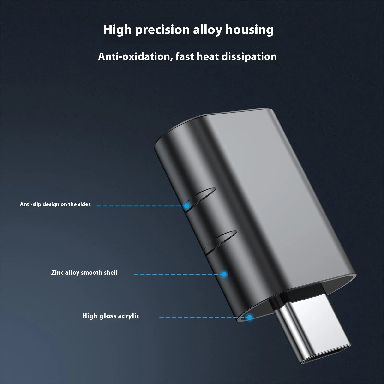 USB-C to USB-A converter with metallic zinc alloy shell in Space Grey finish.