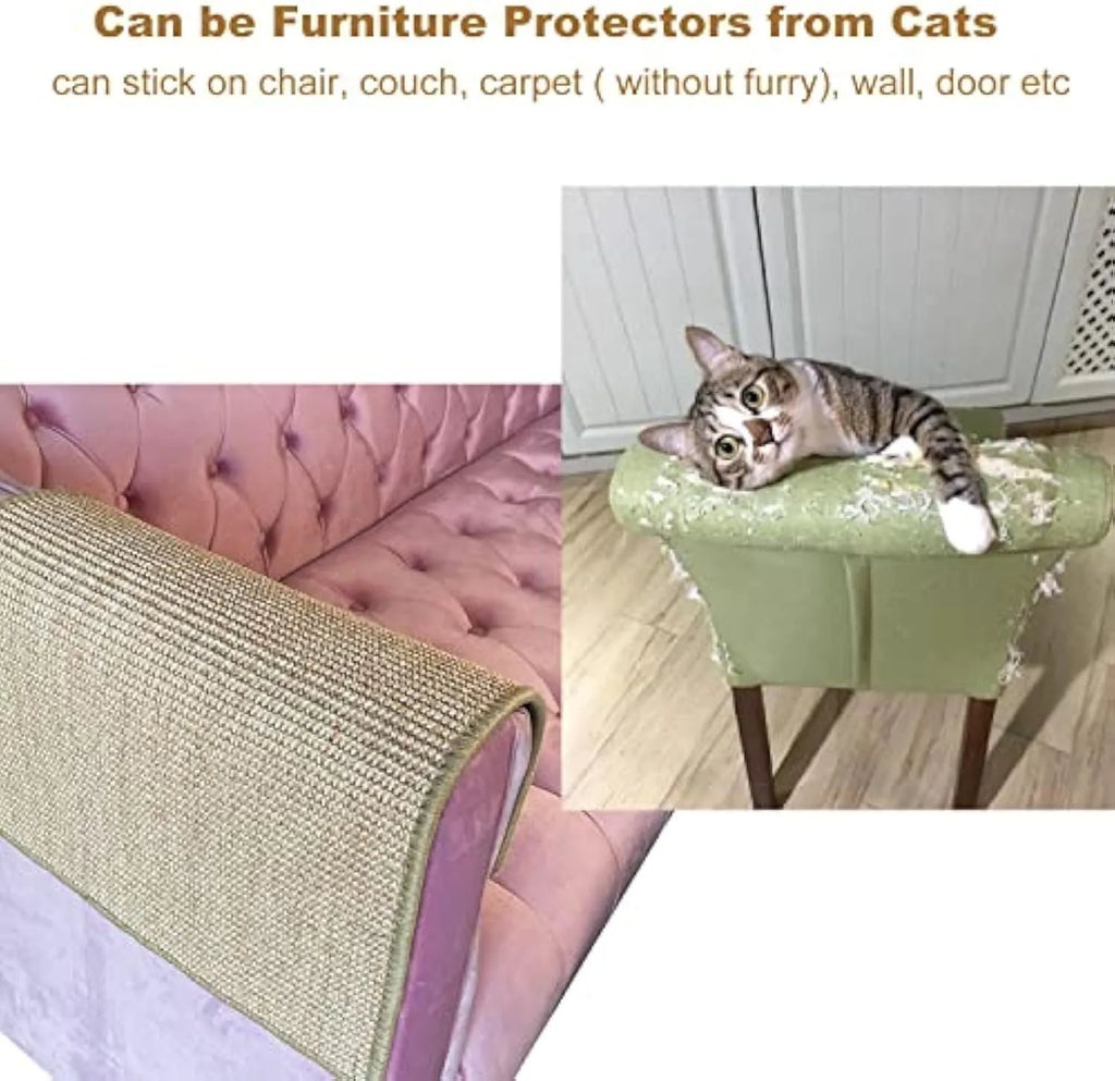 Natural sisal cat scratch pad with adhesive hook loop tape placed on floor, showing textured surface and tape backing