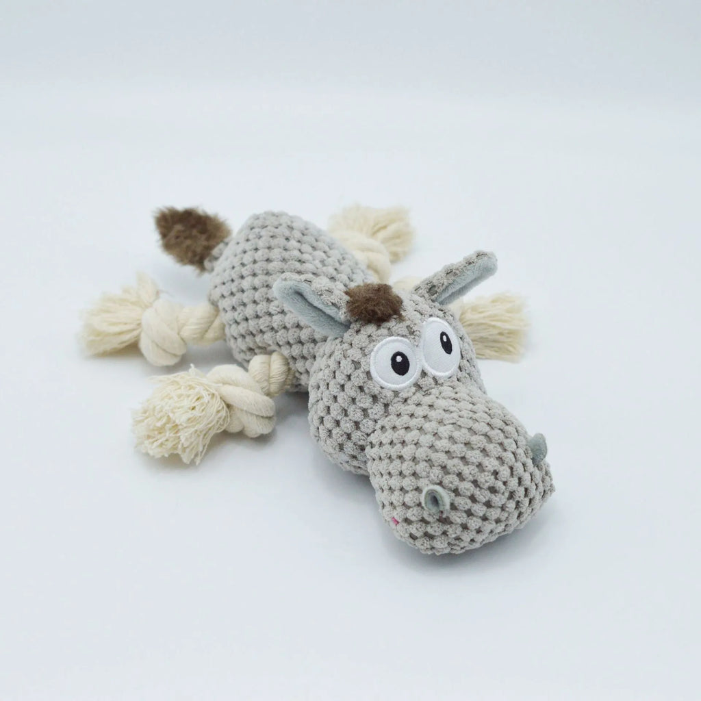 Grey plush donkey dog toy with squeaker measuring 27cm long
