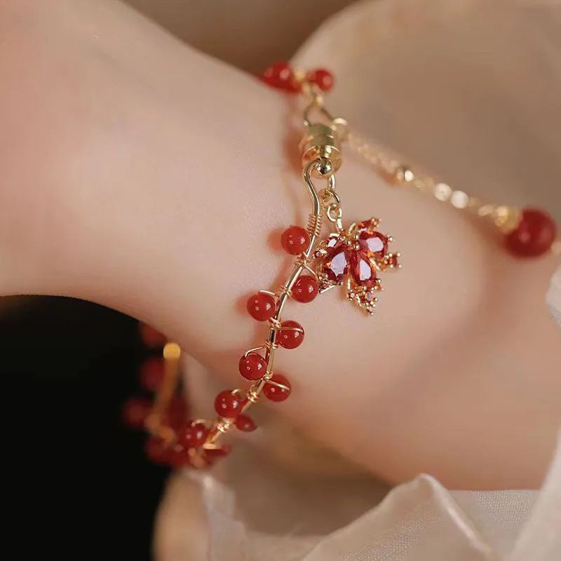 Red ginkgo leaf charm magnetic bracelet with Chinese style design and alloy construction