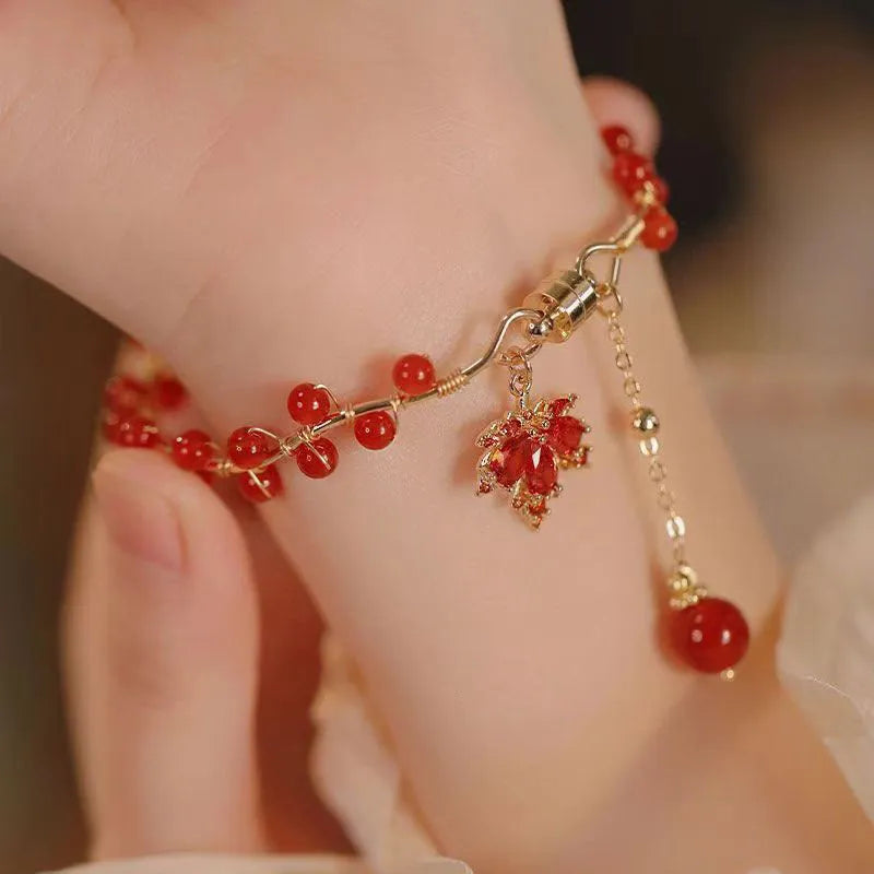 Red ginkgo leaf charm magnetic bracelet with Chinese style design and alloy construction