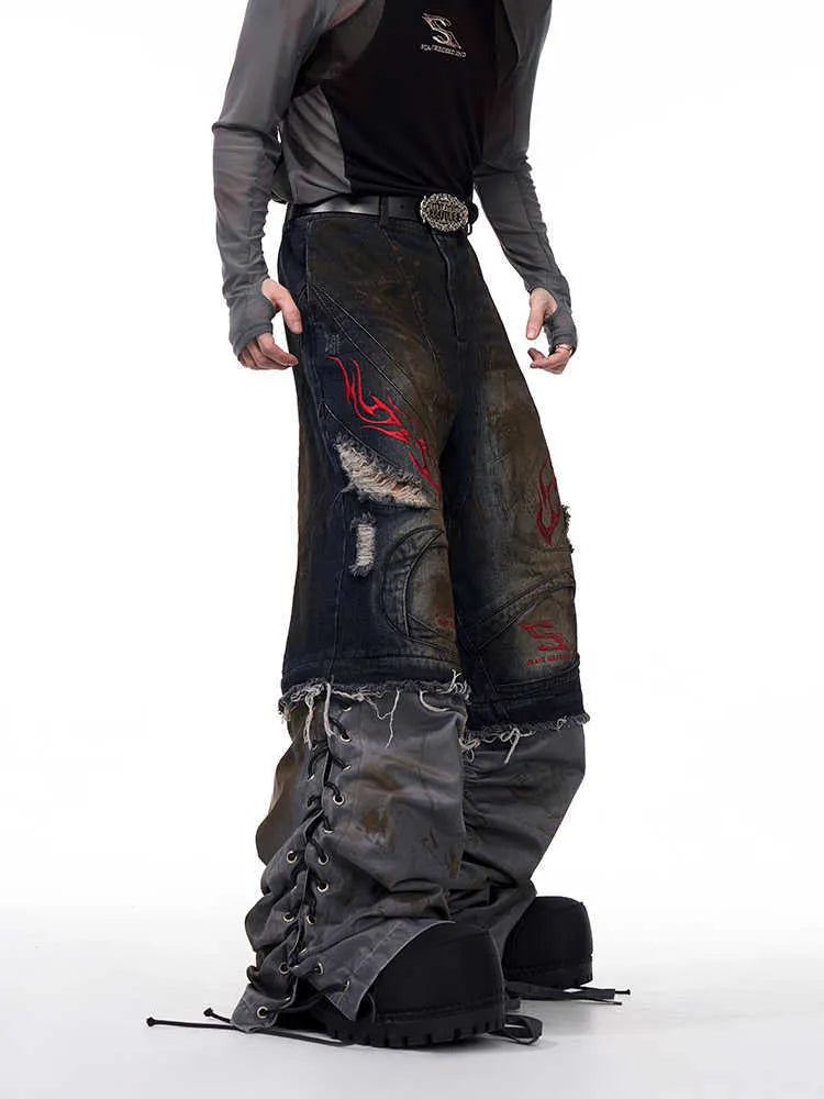 Men's wide-leg jeans with detachable trouser legs showing convertible design