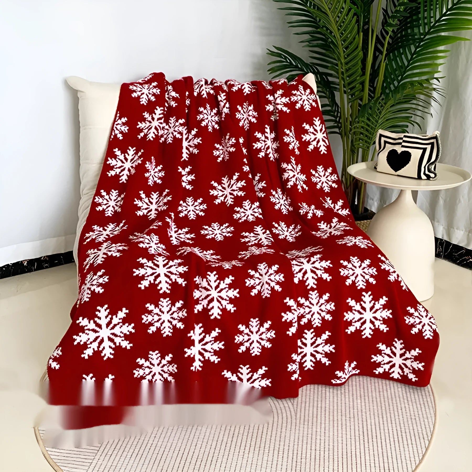 Personalised acrylic Christmas blanket with snowflake or reindeer print, shown in two sizes.