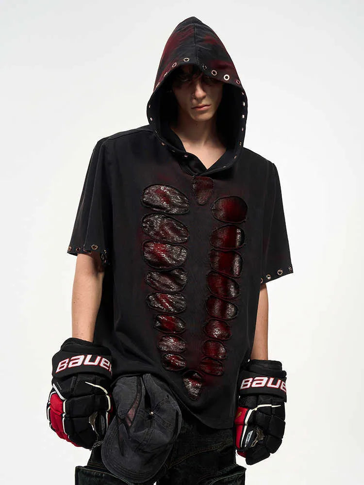 Black men's hooded short-sleeved T-shirt with sequin decoration loose fit