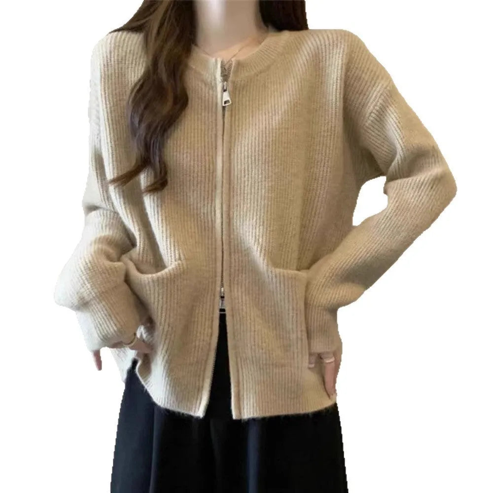 Beige viscose knit sweater coat for women, shown as an open-front cardigan with long sleeves.