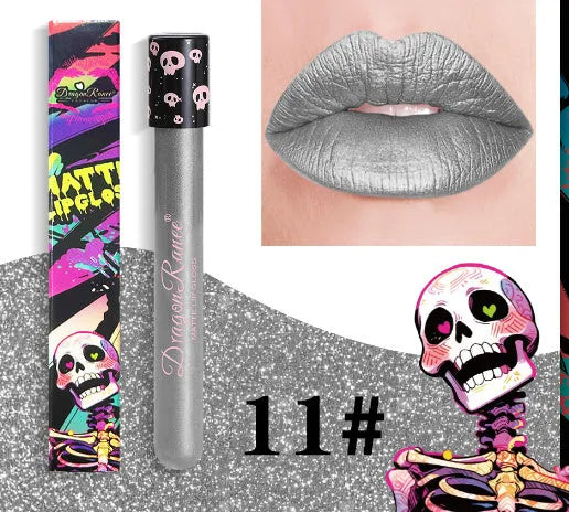Halloween waterproof matte lip gloss in a skull-decorated test tube with gold and silver shades.