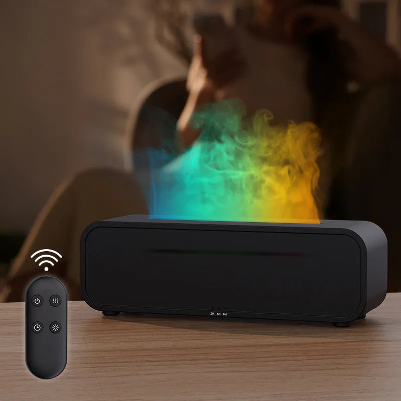 Black and white flame dynamic aroma diffuser with remote control on a wooden table