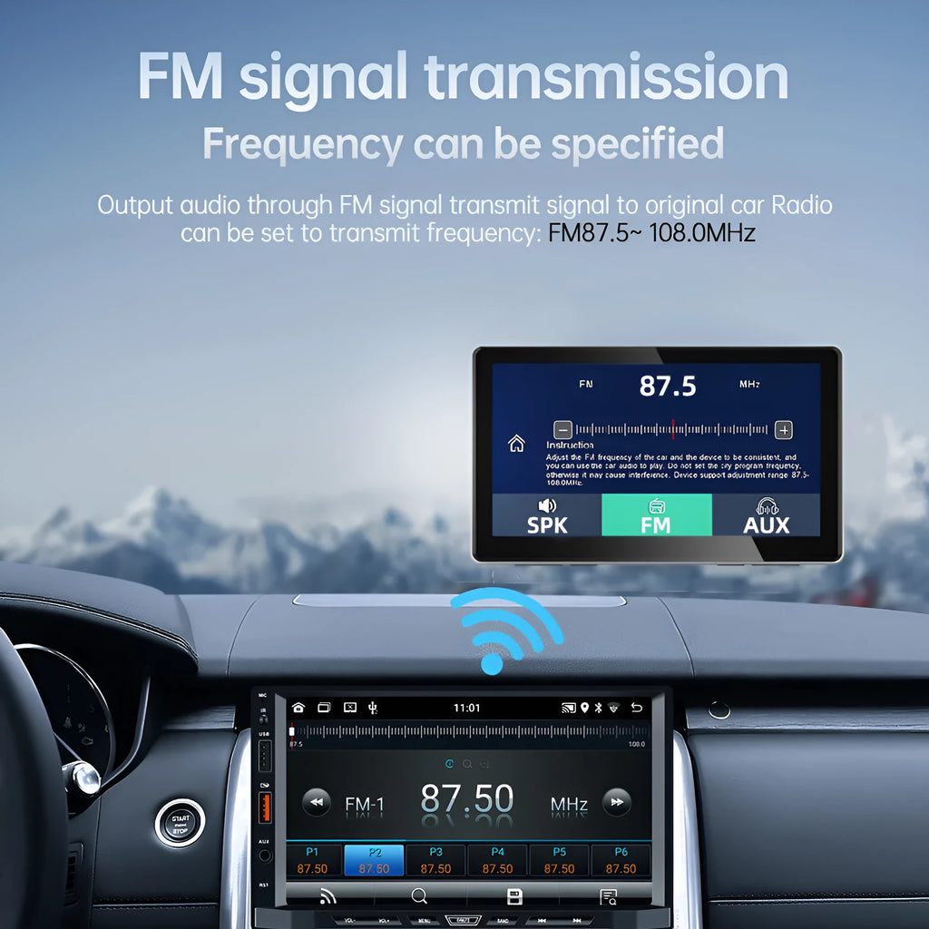 Black 7-inch wireless CarPlay projection car dashcam on a windscreen