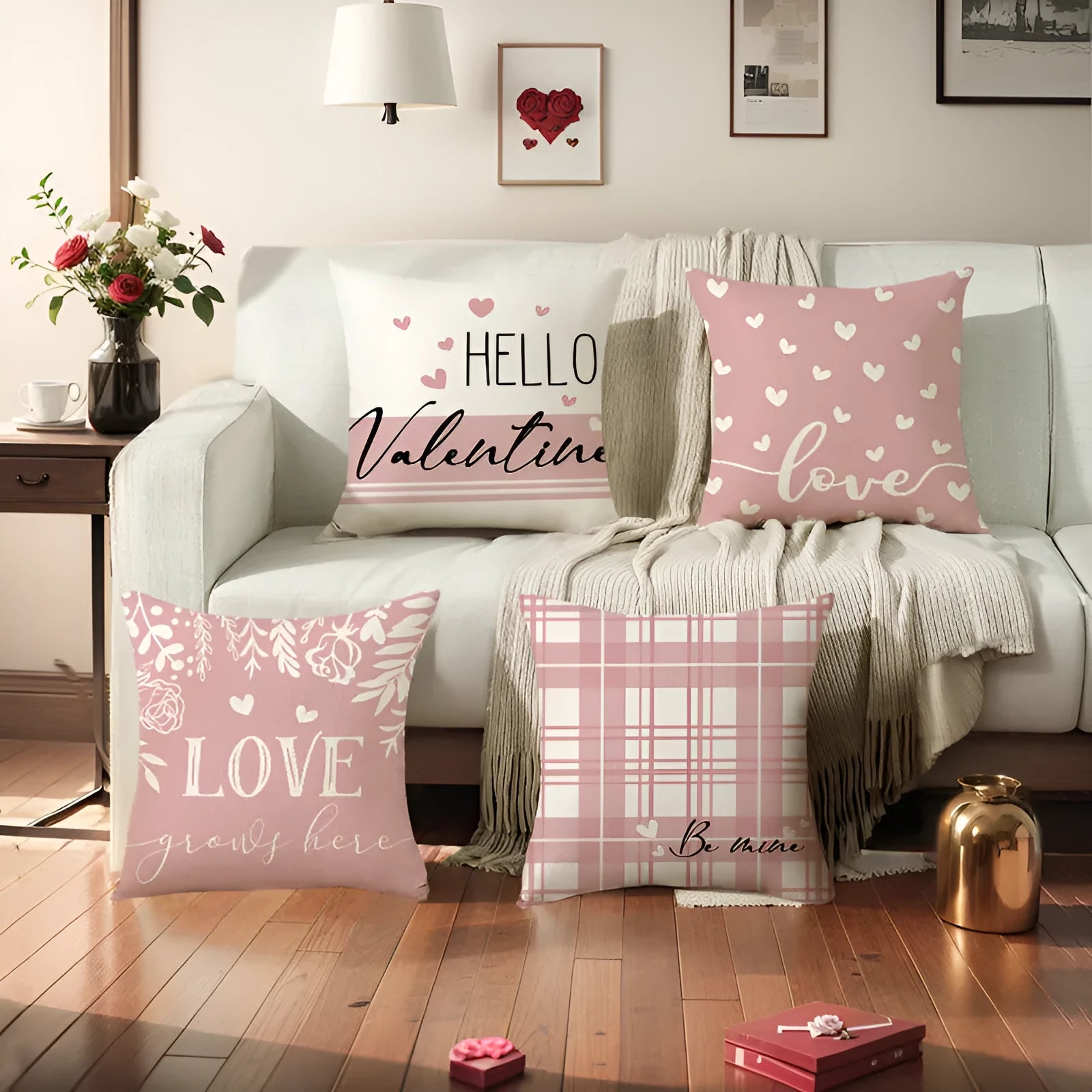 Square red plaid heart printed pillow cover for Valentine's Day on a 45x45 cm cushion.
