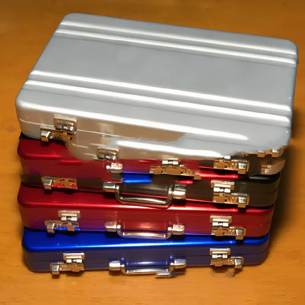Slim aluminium alloy card holder in six colour options showing its compact size.