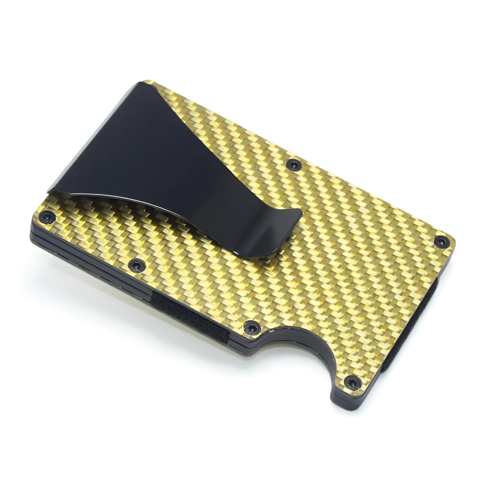 Geometric carbon fibre and aluminium business card holder, 8mm thick, on a table.