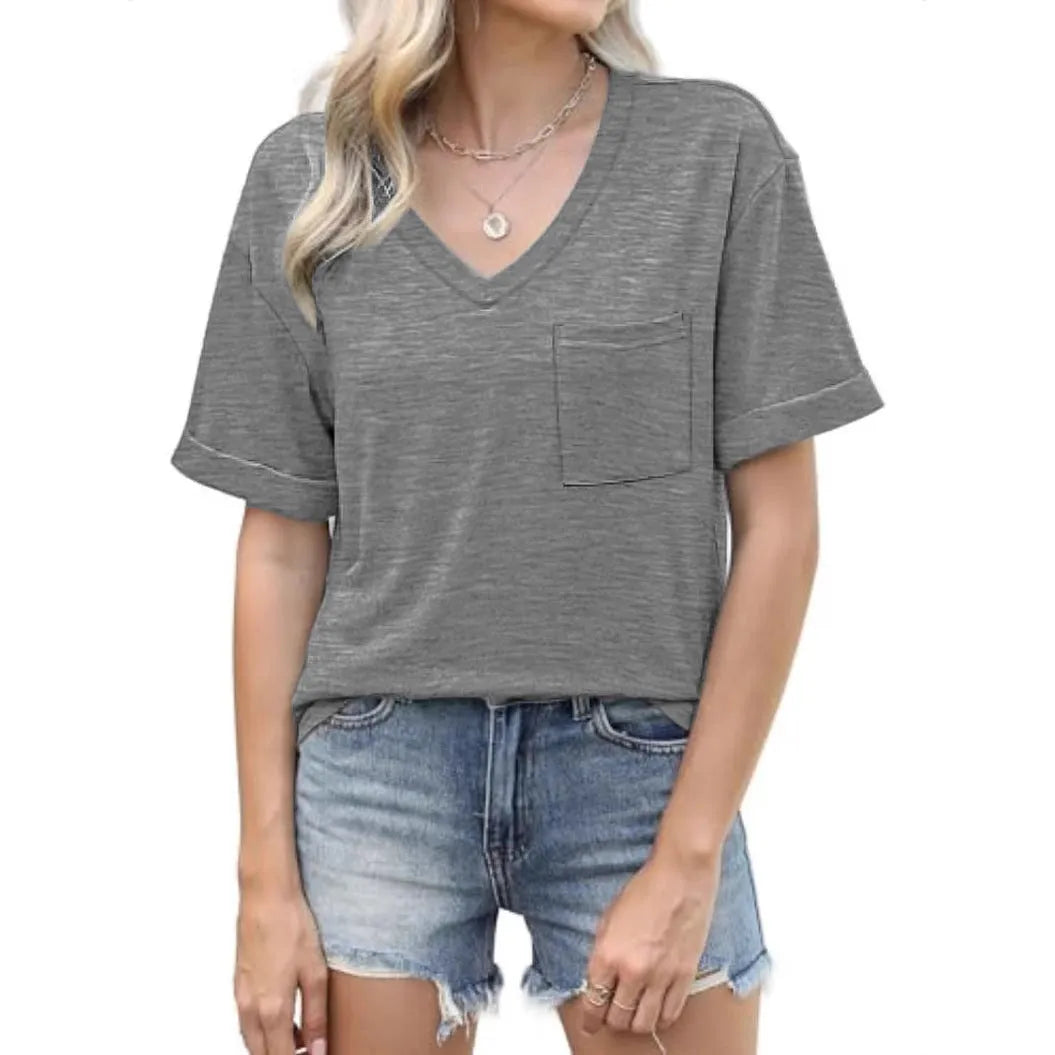 Grey loose fit V-neck short sleeve T-shirt with a front chest pocket on a hanger.