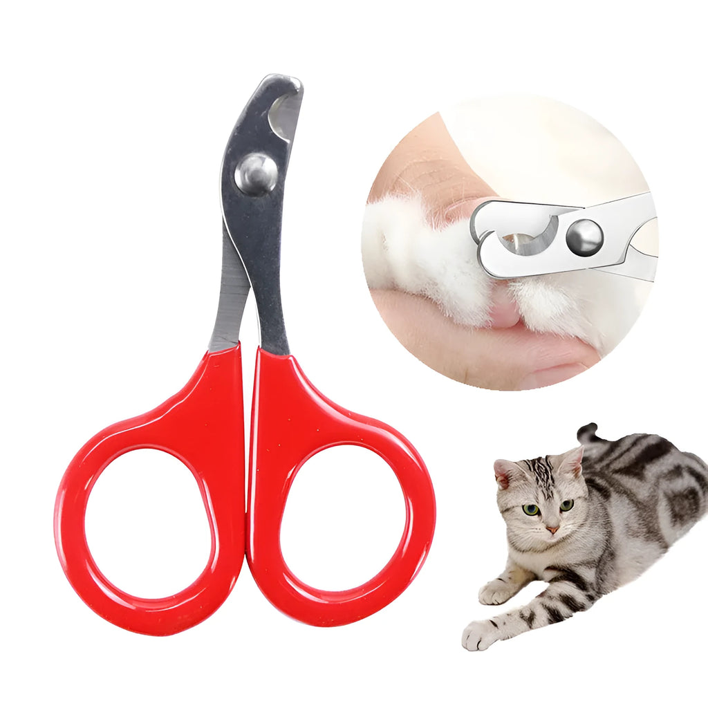 Pet nail clippers with stainless steel blades and a coloured plastic and rubber anti-slip handle.