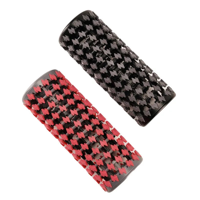 Adjustable telescopic foam roller in black colour positioned for fitness exercises