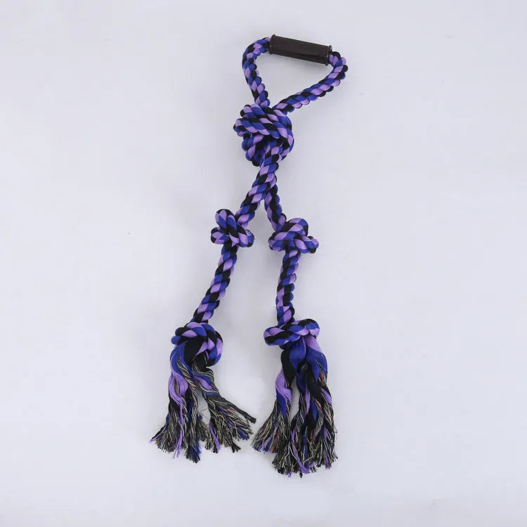 Blue and yellow durable cotton dog rope tug toy with ergonomic handle for large breed aggressive chewers