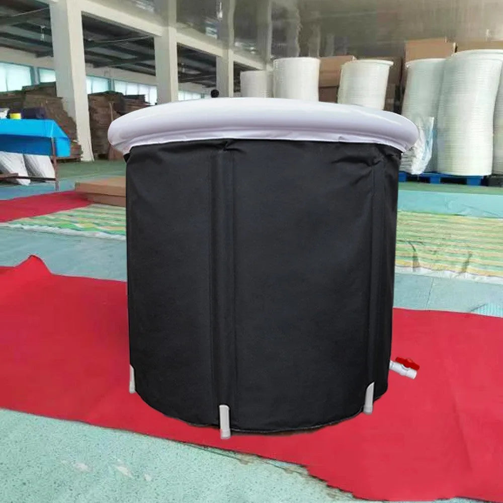 Black portable PVC ice bath with all-weather lid and included air pump accessories