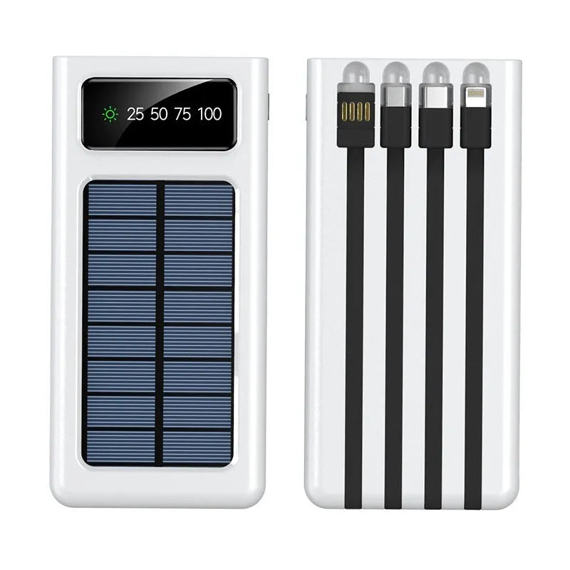 Black and white solar power bank with 20000 mAh capacity and charging cables