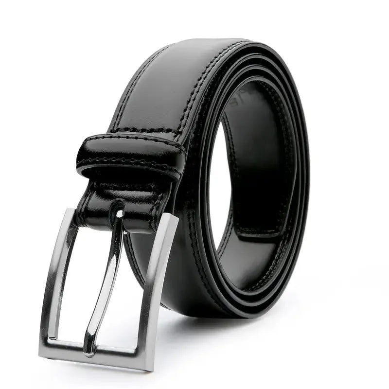 Men's brown genuine leather casual belt with 95 grain pattern and alloy buckle, laid flat to show length.