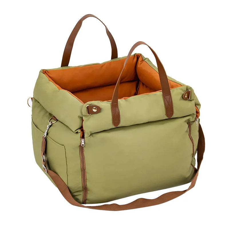 Portable cloth cat car kennel pet safety seat in brown colour on car seat