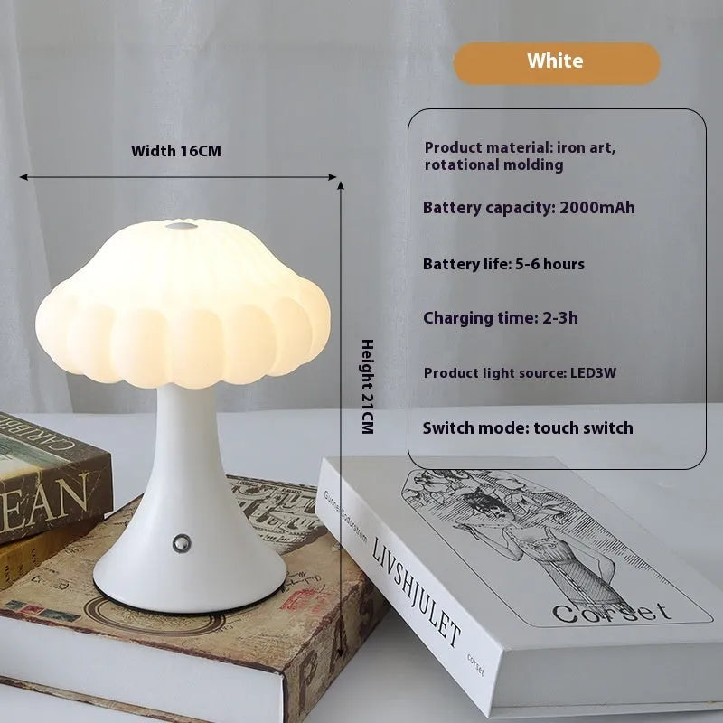 Mushroom-shaped touch control table lamp with USB charging port in wood grain colour.